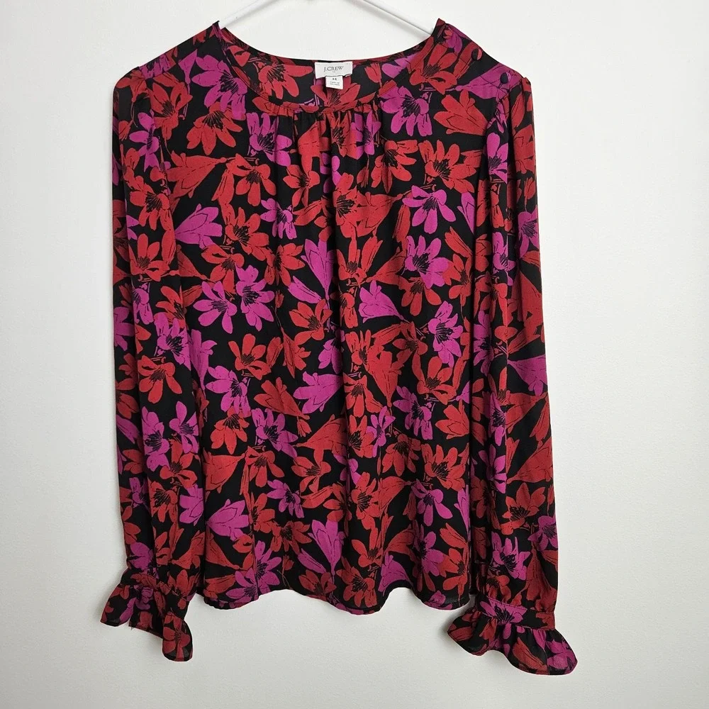 J.Crew Factory Floral Blouse Size M Printed Button-Neck Top Ruffle Sleeves BD266